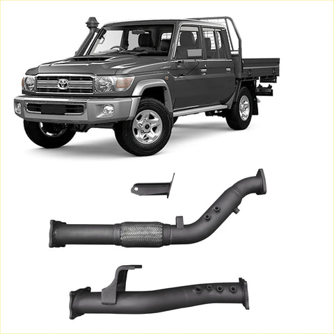 Dark gray toyota land cruiser pickup truck with black redback extreme duty exhaust dpf adaptor kit shown from below