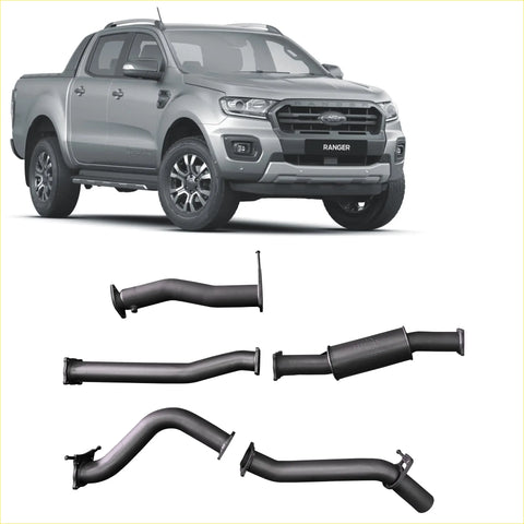Silver ford ranger pickup with black redback extreme duty exhaust system components below it showing the back side
