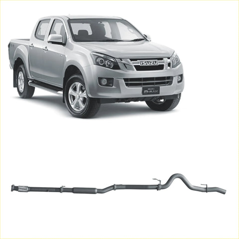 Silver metallic redback extreme duty exhaust system for isuzu d-max pickup truck shown from back side