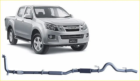 Silver isuzu d-max pickup with chrome accents and black tires showing the back side with redback extreme duty exhaust
