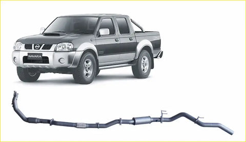 Black and silver nissan navara d22 pickup truck with redback extreme duty exhaust system shown from back side