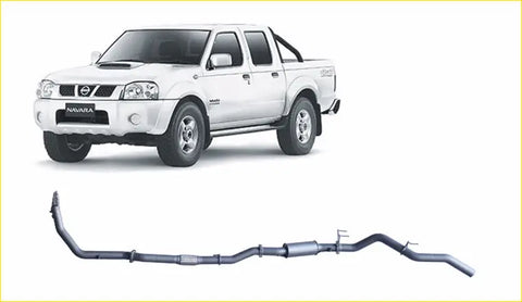 Silver metallic redback extreme duty exhaust system for nissan navara d22 3.0l showing back side