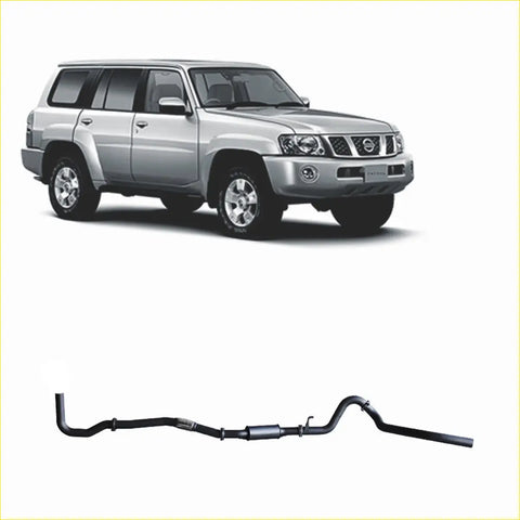 Backside view of a silver Nissan Patrol with Redback extreme duty exhaust featuring black pipes and central catalytic converter