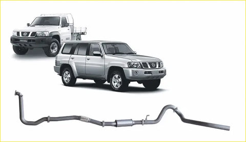 Silver metallic redback extreme duty exhaust pipe for nissan patrol gu 3.0l 05 2000 shown from the back side