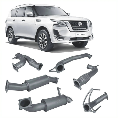 White nissan patrol y62 with redback extreme duty aftermarket exhaust system components shown from the back side