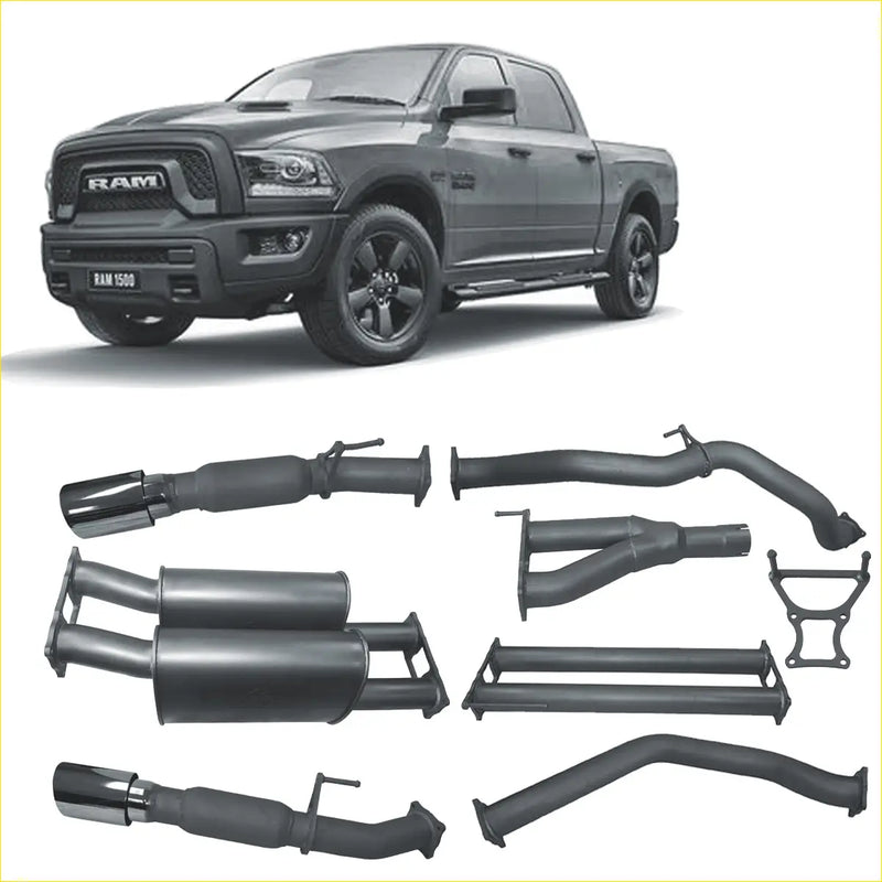 Black and chrome redback extreme duty exhaust system components for ram 1500 5.7l v8 ds series pickup truck