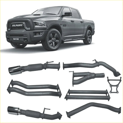 Black and chrome redback extreme duty exhaust system components for ram 1500 5.7L V8 DS series back side view