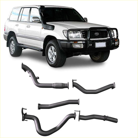 Black metal exhaust manifold system for toyota land cruiser 70 series shown from the back in redback extreme duty exhaust setup