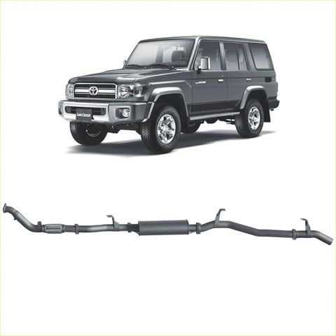Black metallic redback extreme duty exhaust system for toyota landcruiser 76 series wagon shown from back side