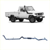 White toyota land cruiser pickup with black trim and rugged tires showing blue metallic redback extreme duty exhaust below