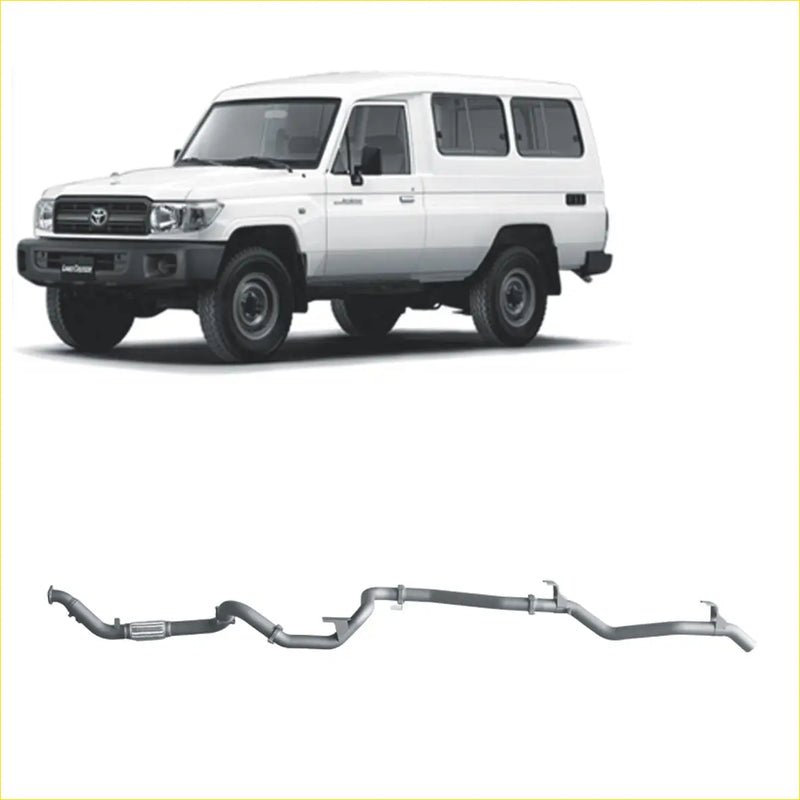 Silver metallic redback extreme duty exhaust for toyota landcruiser 78 series 4.2l td shown from back side