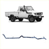 White toyota land cruiser pickup with black trim and rugged tires showing redback extreme duty exhaust below