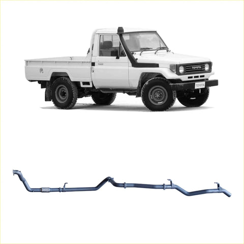 White toyota land cruiser pickup with black trim and rugged tires showing redback extreme duty exhaust below