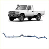 Blue metallic redback extreme duty exhaust system for toyota landcruiser 79 series 4.2l shown from back side