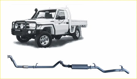 Black metallic redback extreme duty exhaust system shown from the back for toyota landcruiser 79 series 4.2l