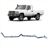 Silver metallic redback extreme duty exhaust system for toyota landcruiser 79 series 4.2L shown from the back side
