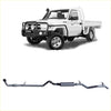 Black metallic Redback extreme duty exhaust system with curved pipes and central muffler for Toyota Landcruiser 79 back side