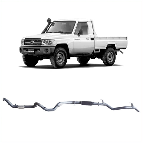 Silver metallic redback extreme duty exhaust system for toyota landcruiser 79 series single shown from the back side
