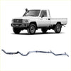 Silver metallic redback extreme duty exhaust system for toyota landcruiser 79 series single shown from back side