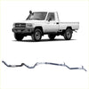 Silver metallic redback extreme duty exhaust manifold system for toyota landcruiser 79 series backside view