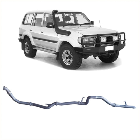 Silver metallic redback extreme duty exhaust system for toyota landcruiser 70 series shown from back side