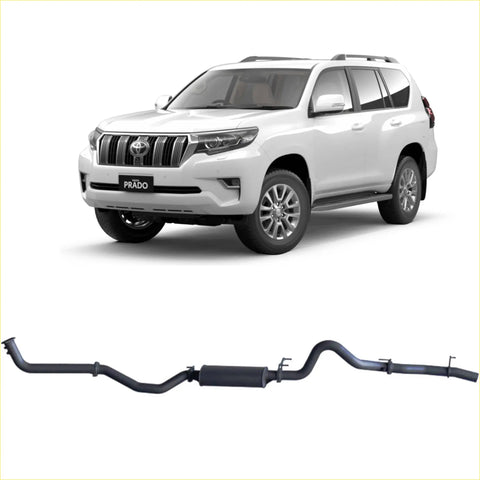 Black metal redback extreme duty exhaust with central cylindrical muffler and curved pipes for toyota prado 150 2.8l back side view