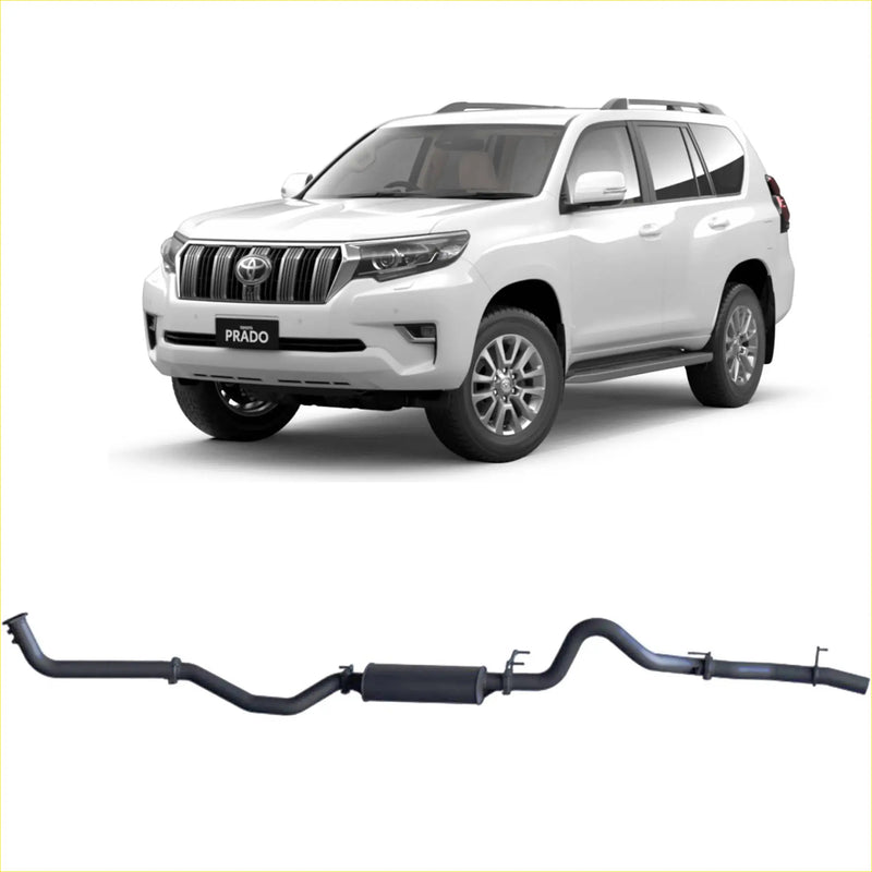 Black metal redback extreme duty exhaust with central cylindrical muffler and curved pipes for toyota prado 150 2.8l back side view