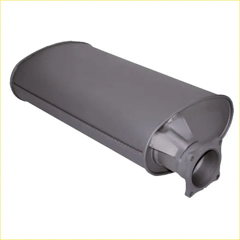 Gray metallic redback extreme duty offset centre 11x6 large muffler with cylindrical body and flanged mounting end