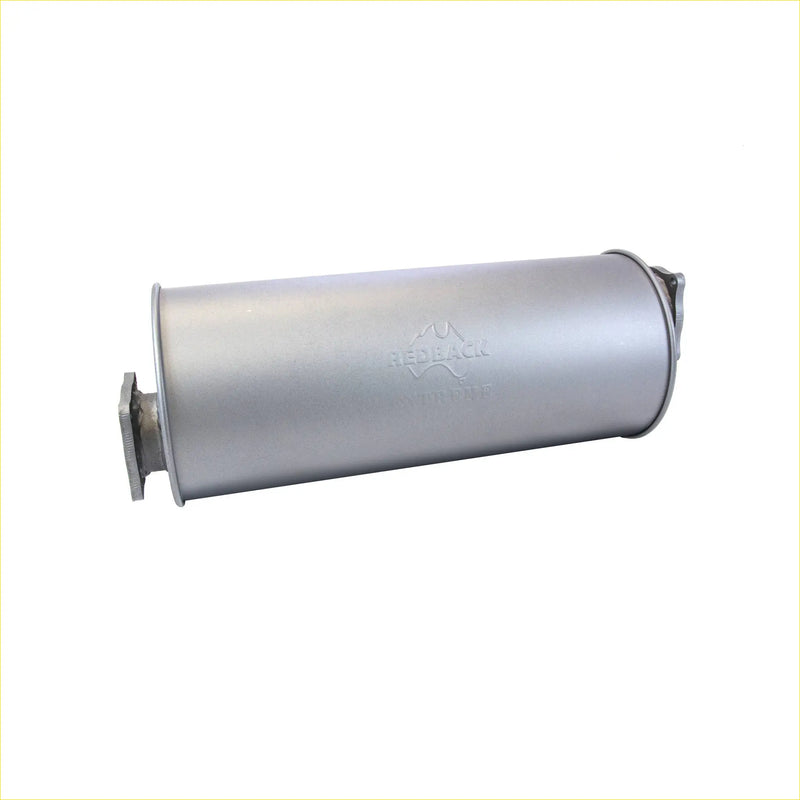 Silver cylindrical metal redback extreme duty offset 8 inch round large car exhaust muffler with embossed branding