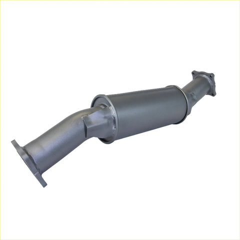 Gray metallic catalytic converter with flanged ends and curved inlet pipe for redback extreme duty 5 inch round muffler