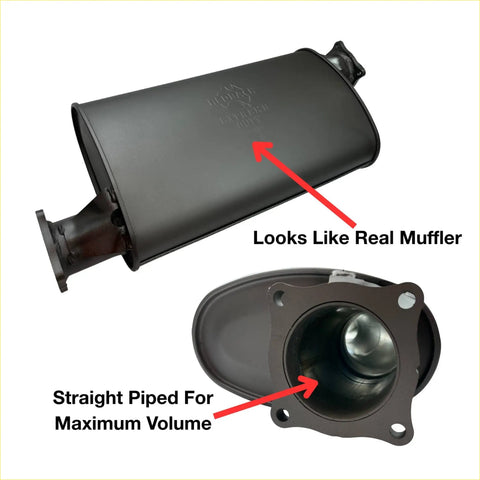 Black metal redback extreme duty straight piped muffler with offset design for maximum volume and power sound