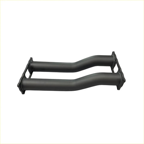 Black dual exhaust manifold with flanged ends and curved tubing for redback extreme duty twin 3 inch muffler delete on chevrolet silverado