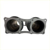 Black dual-exhaust manifold with flanged ends and bolt holes for redback extreme duty twin 4 inch exhaust on landcruiser 79