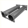 Gray metallic dual exhaust manifold with flanged ends and bolt holes for redback extreme duty twin 4 muffler delete
