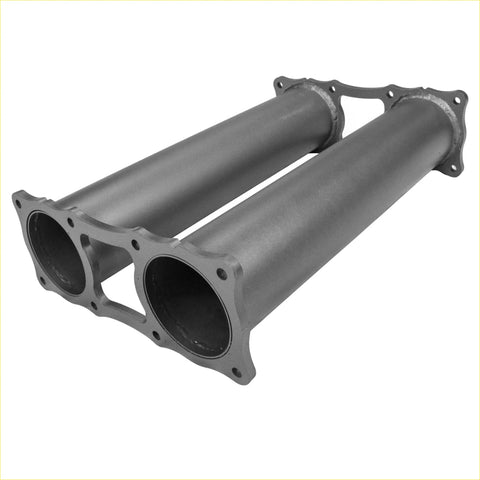 Gray metallic dual exhaust manifold with flanged ends and bolt holes for redback extreme duty twin 4 muffler delete