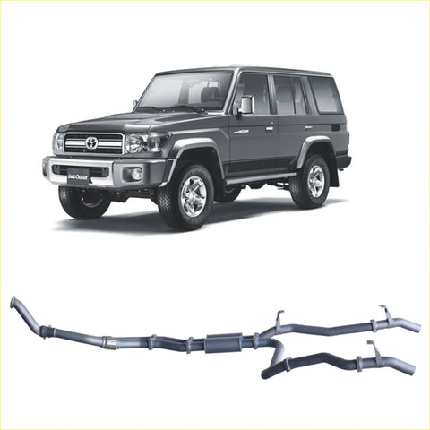 Dark gray metallic redback extreme duty twin exhaust system for toyota 76 series landcruiser back side view