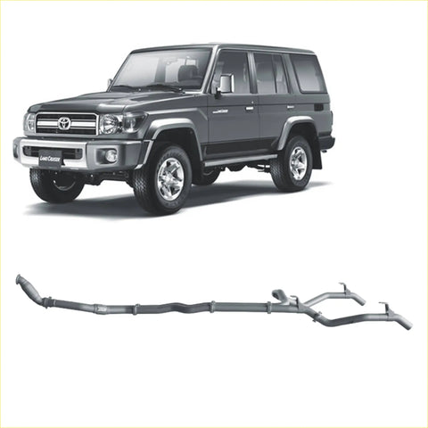 Gray metallic redback extreme duty twin exhaust system for toyota 76 series landcruiser shown from backside