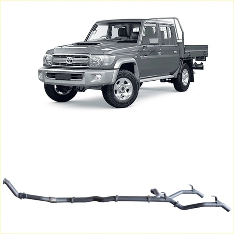 Gray metallic extreme duty twin exhaust system for Toyota Landcruiser 79 series shown from the back side