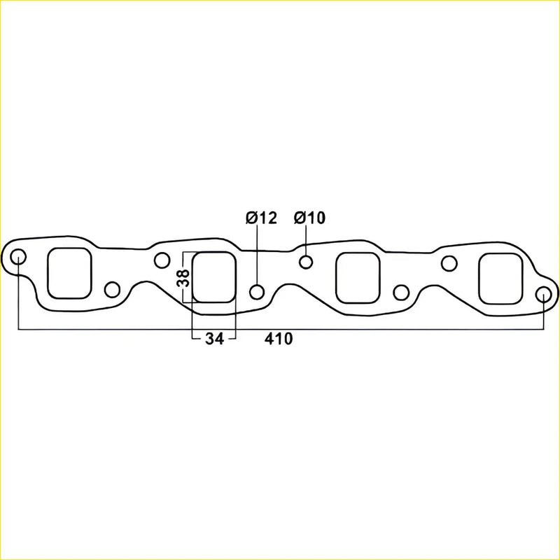 Technical drawing of a 410mm long redback gasket intake manifold with precise hole and flange dimensions for holden cars