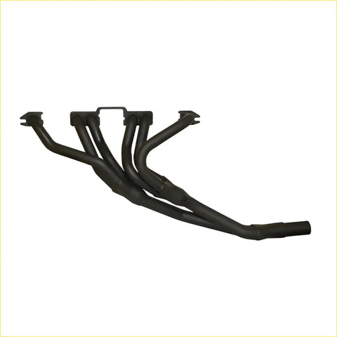 Black metal exhaust manifold with sleek angular design and branching tubes redback header for holden kingswood 1964 1980