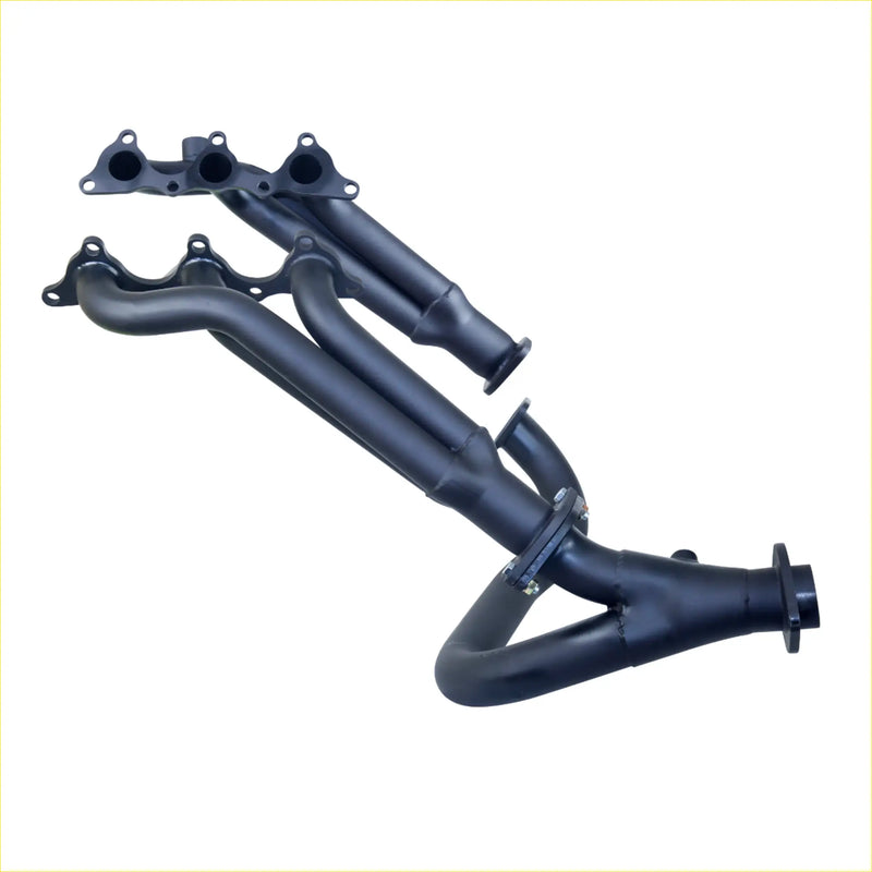 Black painted metal exhaust manifold with four intake ports and crossover pipe for redback headers and cats Mitsubishi Pajero