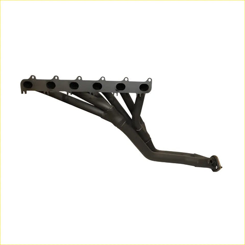 Black cast iron intake manifold with six circular ports and tabs for redback headers ford falcon ba bf 6 cylinder back side