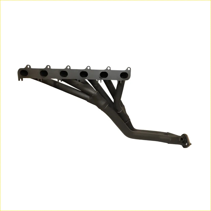 Black cast iron intake manifold with six circular ports and tabs for redback headers ford falcon ba bf 6 cylinder back side