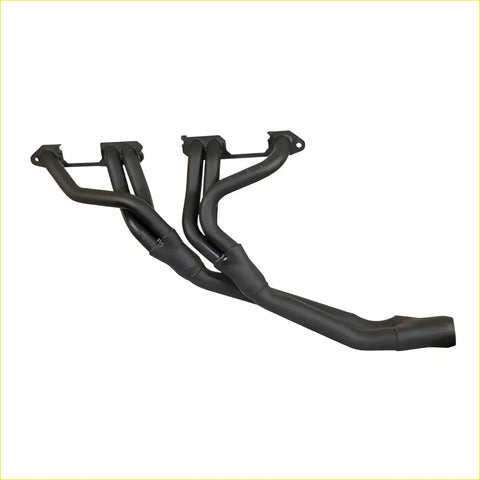 Black metal redback headers exhaust manifold with sleek angular design and branching tubes for holden commodore 1980-1984