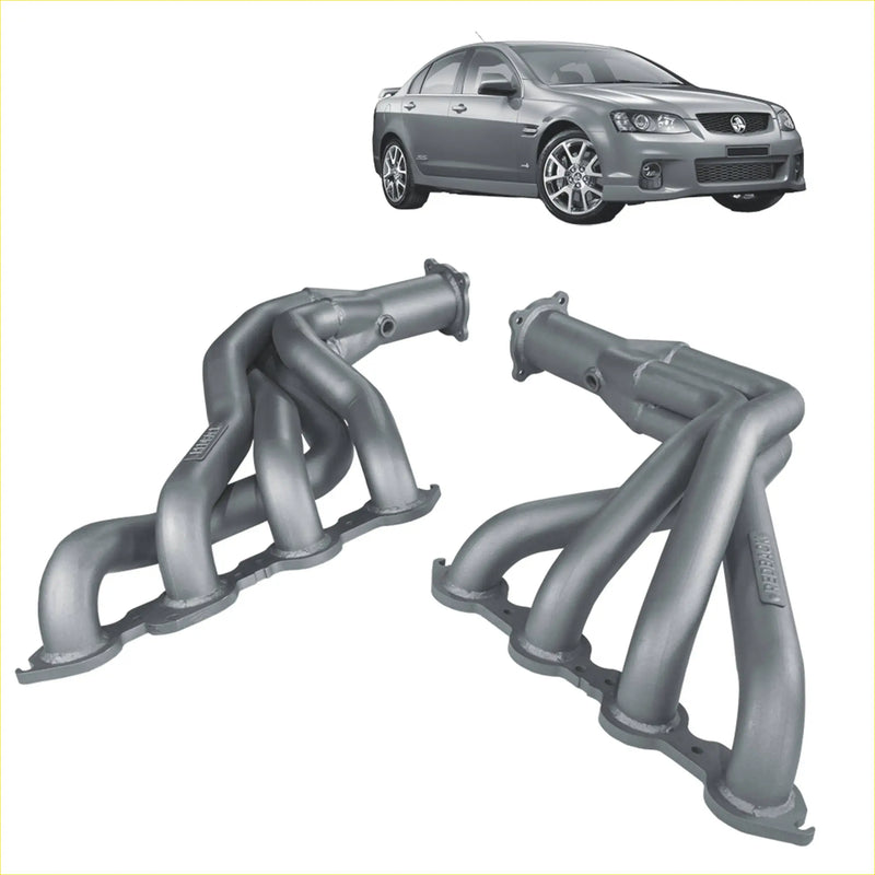 Gray metallic redback headers performance exhaust manifolds for holden commodore ve vf v8 back side view