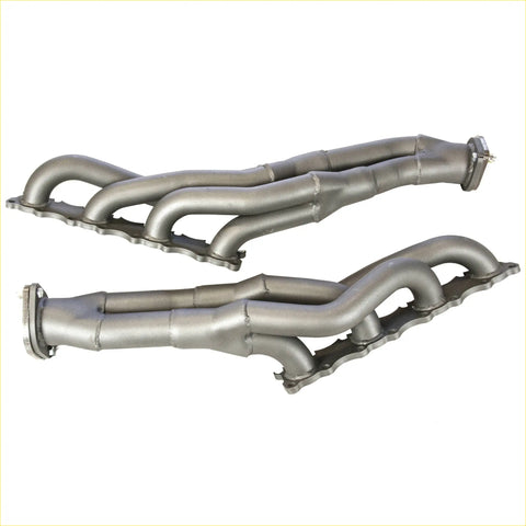Gray metallic redback headers exhaust manifolds with sleek curved design and bolted flanges for nissan patrol y62 v8
