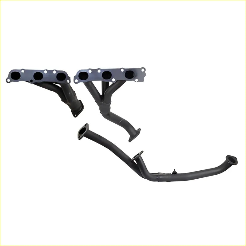 Black metal exhaust manifold and header set with flanged mounting points for redback headers toyota landcruiser fzj80