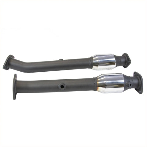 Two gray metallic redback high flow catalytic converters with polished chrome and flanged ends for nissan patrol y62