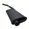 Backside view of black matte redback manifold back exhaust muffler with curved pipe for ford au ea to el sedan