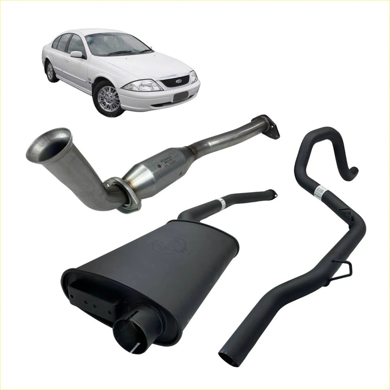 Black and silver Redback manifold back exhaust system components for white Ford AU EA EB ED EF EL sedan shown from back side